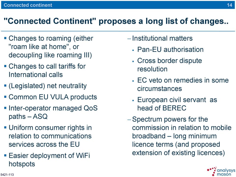 products Inter-operator managed QoS paths ASQ Uniform consumer rights in relation to communications services across the EU Easier deployment of WiFi hotspots Institutional