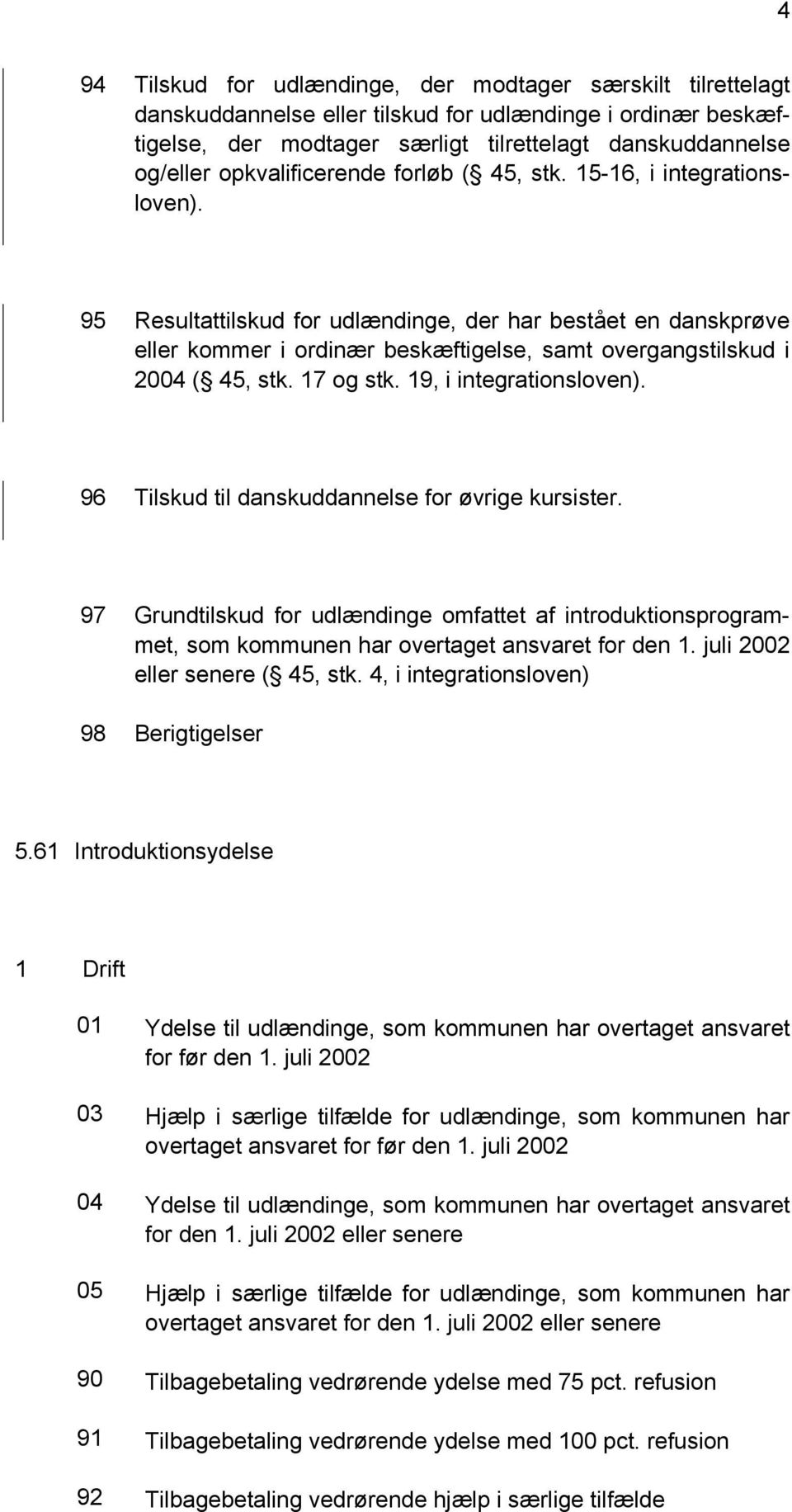 95 Resultattilskud for udlændinge, der har bestået en danskprøve eller kommer i ordinær beskæftigelse, samt overgangstilskud i 2004 ( 45, stk. 17 og stk. 19, i integrationsloven).