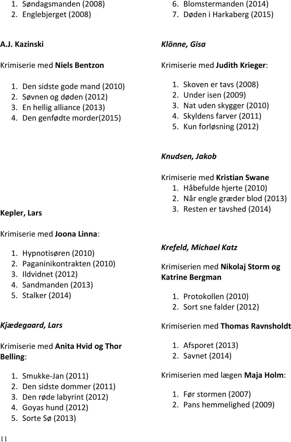 Skyldens farver (2011) 5. Kun forløsning (2012) Knudsen, Jakob Kepler, Lars Krimiserie med Joona Linna: 1. Hypnotisøren (2010) 2. Paganinikontrakten (2010) 3. Ildvidnet (2012) 4. Sandmanden (2013) 5.