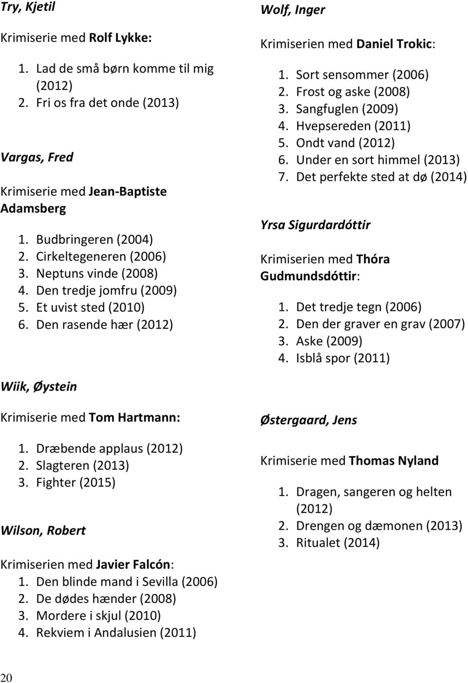 Frost og aske (2008) 3. Sangfuglen (2009) 4. Hvepsereden (2011) 5. Ondt vand (2012) 6. Under en sort himmel (2013) 7.