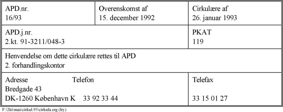 januar 1993 PKAT 119 Henvendelse om dette cirkulære rettes til APD 2.