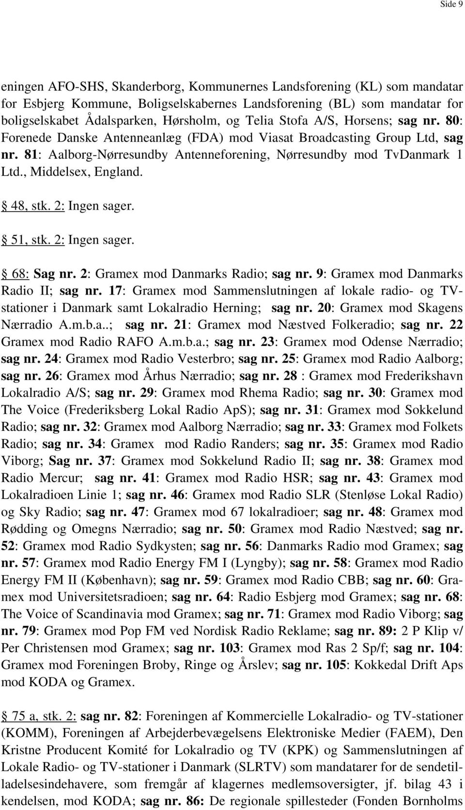 , Middelsex, England. 48, stk. 2: Ingen sager. 51, stk. 2: Ingen sager. 68: Sag nr. 2: Gramex mod Danmarks Radio; sag nr. 9: Gramex mod Danmarks Radio II; sag nr.
