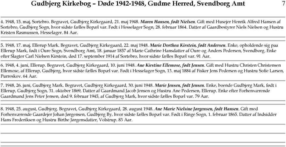 Datter af Gaardbestyrer Niels Nielsen og Hustru Kristen Rasmussen, Hesselager. 84 Aar. 5. 1948, 17. maj, Ellerup Mark. Begravet, Gudbjerg Kirkegaard, 22. maj 1948.