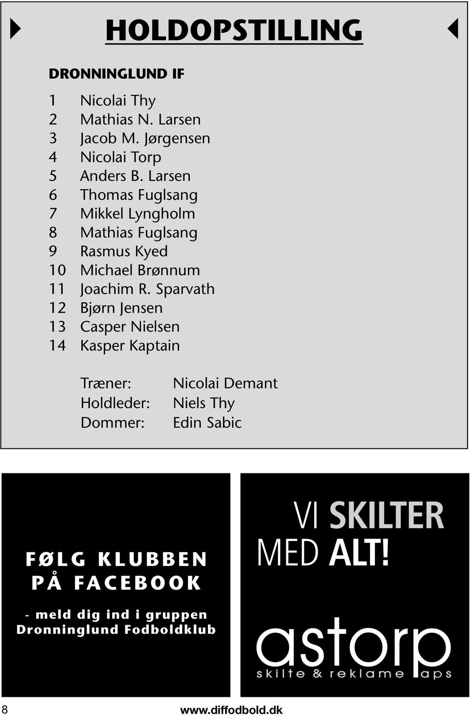 Larsen 6 Thomas Fuglsang 7 Mikkel Lyngholm 8 Mathias Fuglsang 9 Rasmus Kyed 10 Michael Brønnum 11 Joachim R.