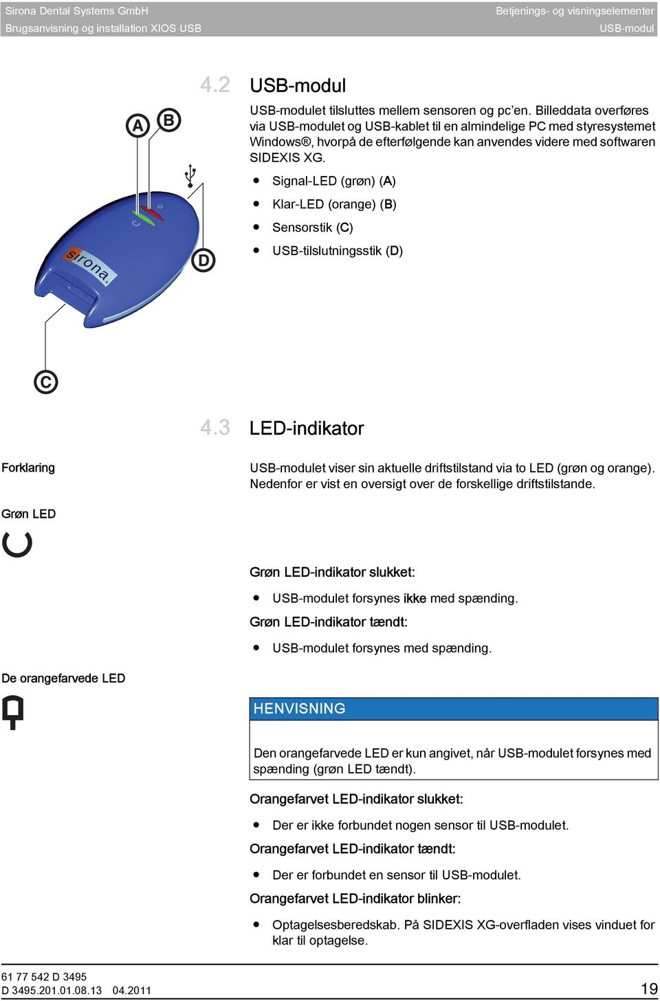 Signal-LED (grøn) (A) Klar-LED (orange) (B) Sensorstik (C) USB-tilslutningsstik (D) 4.3 LED-indikator XIOS Forklaring USB-modulet viser sin aktuelle driftstilstand via to LED (grøn og orange).