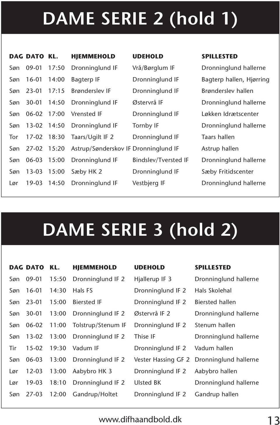 Tornby IF Dronninglund hallerne Tor 17-02 18:30 Taars/Ugilt IF 2 Dronninglund IF Taars hallen Søn 27-02 15:20 Astrup/Sønderskov IF Dronninglund IF Astrup hallen Søn 06-03 15:00 Dronninglund IF