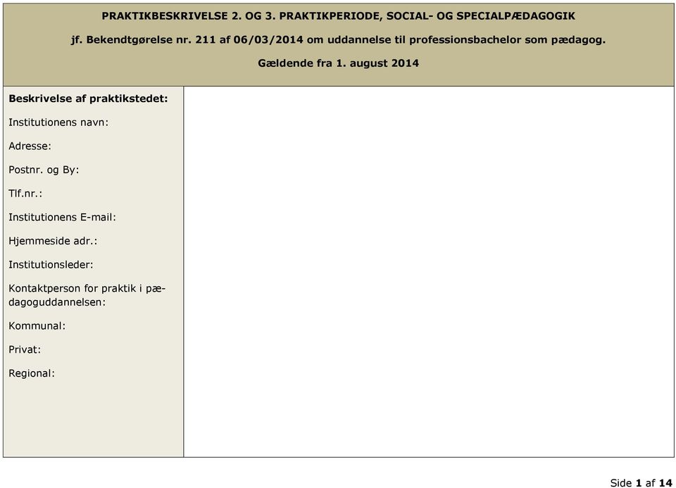 august 2014 Beskrivelse af praktikstedet: Institutionens navn: Adresse: Postnr.