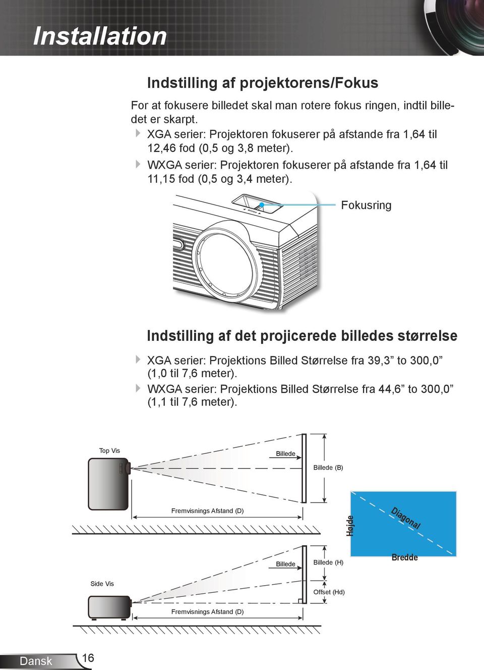 WXGA serier: Projektoren fokuserer på afstande fra 1,64 til 11,15 fod (0,5 og 3,4 meter).