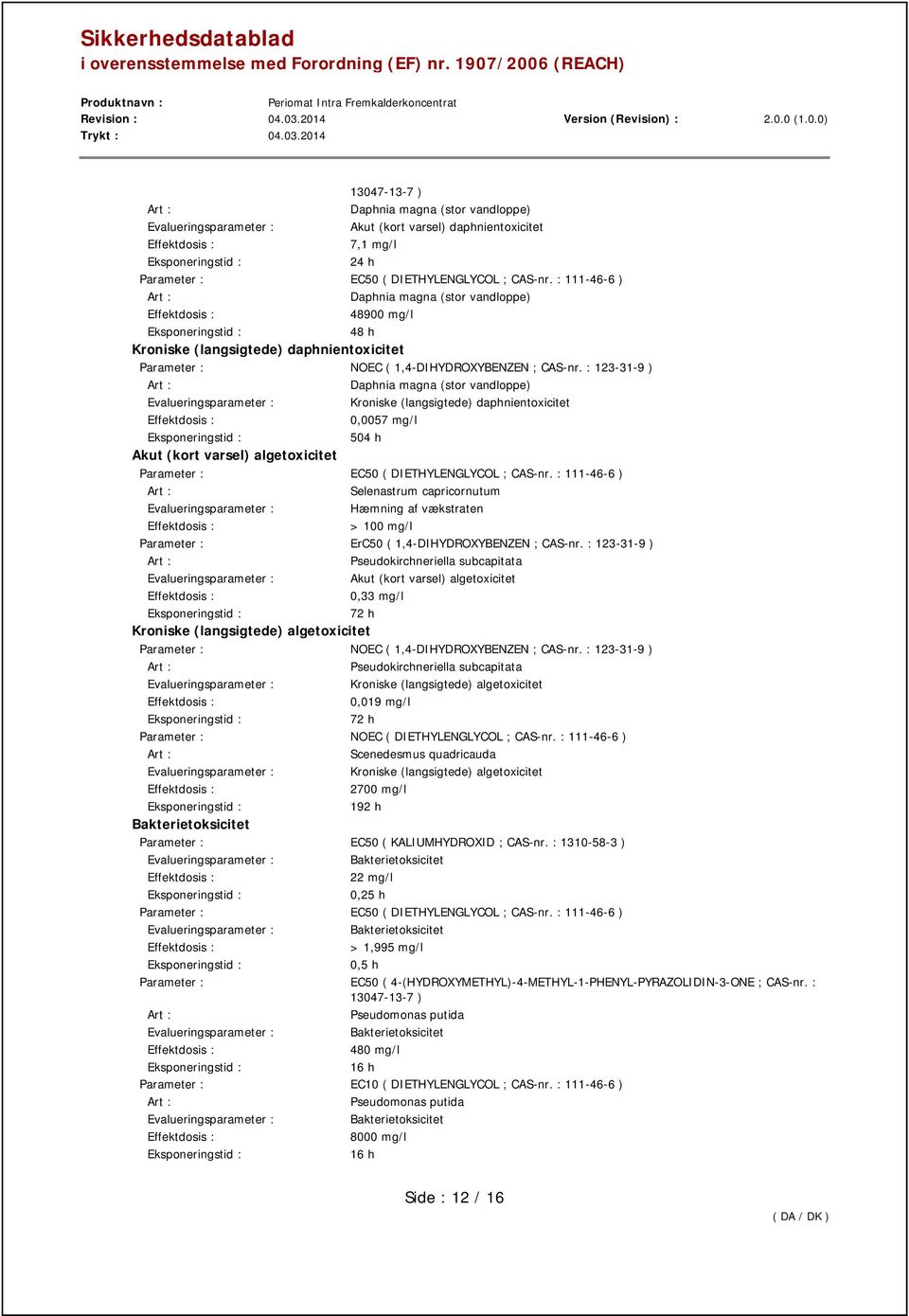 : 123-31-9 ) Daphnia magna (stor vandloppe) Kroniske (langsigtede) daphnientoxicitet 0,0057 mg/l 504 h Akut (kort varsel) algetoxicitet Parameter : EC50 ( DIETHYLENGLYCOL ; CAS-nr.