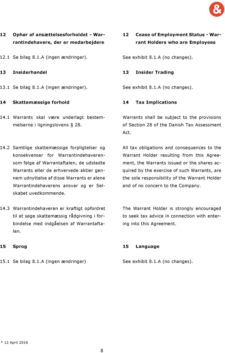1 Warrants skal være underlagt bestemmelserne i ligningslovens 28. Warrants shall be subject to the provisions of Section 28 of the Danish Tax Assessment Act. 14.