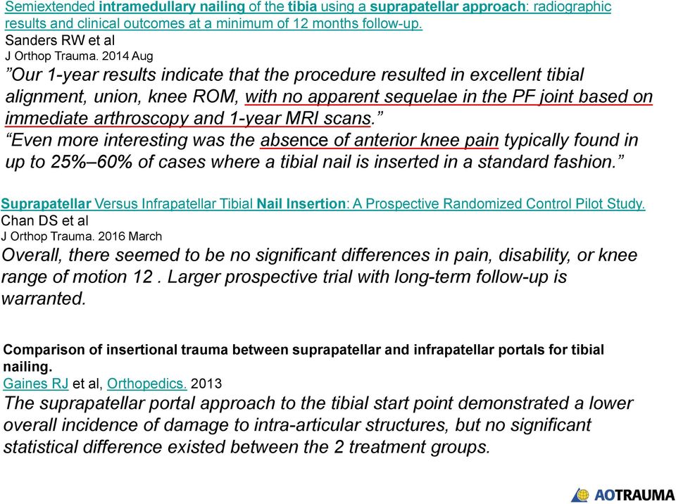 MRI scans. Even more interesting was the absence of anterior knee pain typically found in up to 25% 60% of cases where a tibial nail is inserted in a standard fashion.