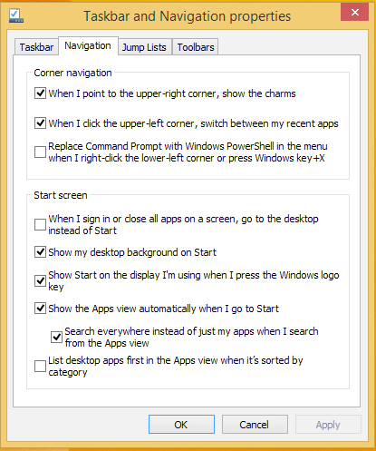 Tilpasning af startknappen I Windows 8.1 kan du tilpasse startskærmen, så du f.eks. kan starte direkte på skrivebordet, og arrangere appsene på skærmen.