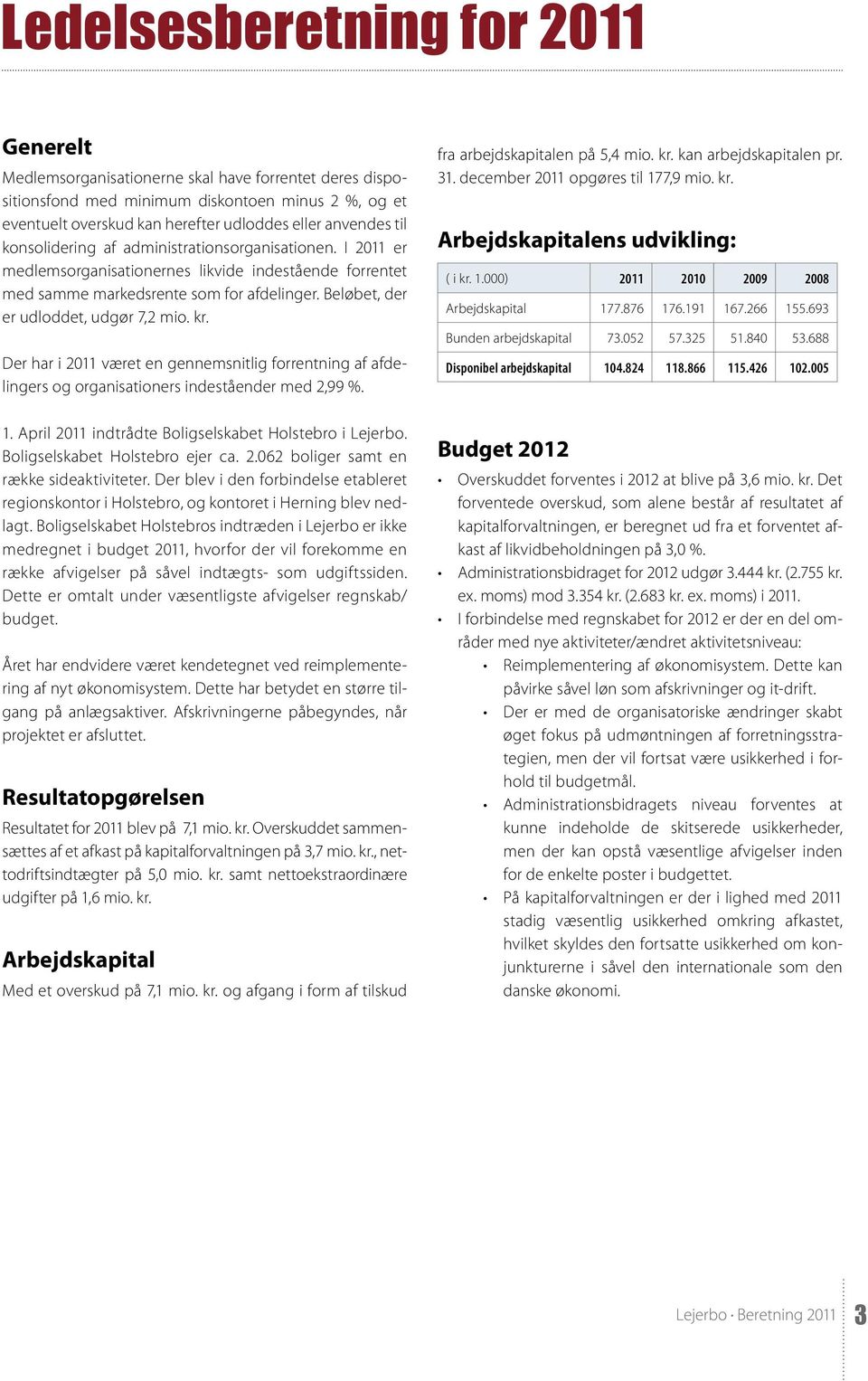 kr. Der har i 2011 været en gennemsnitlig forrentning af afdelingers og organisationers indeståender med 2,99 %. 1. April 2011 indtrådte Boligselskabet Holstebro i Lejerbo.