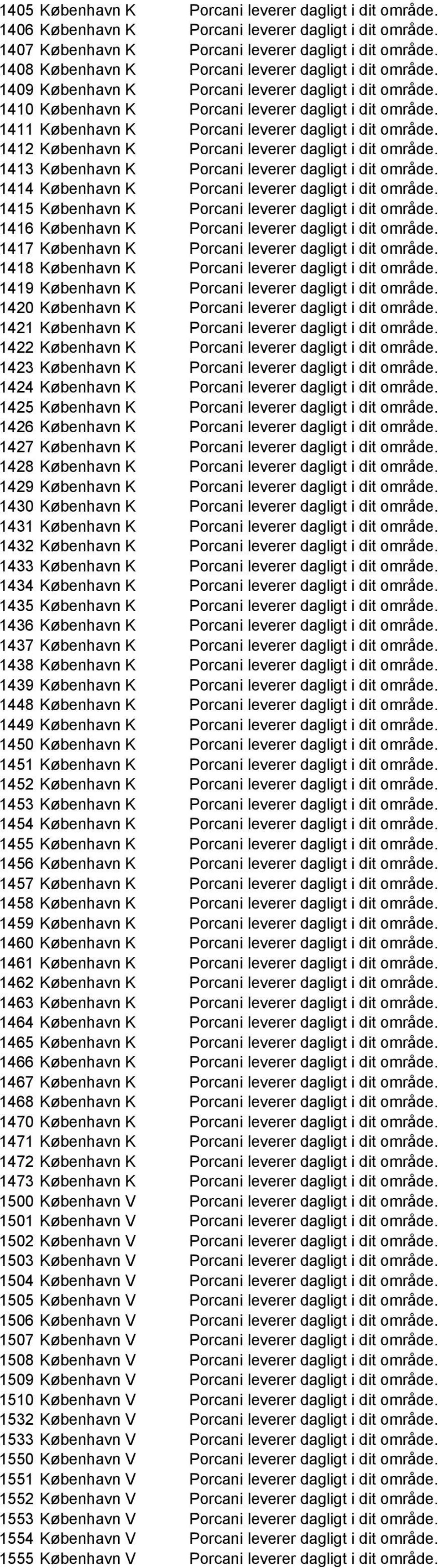 1411 København K Porcani leverer dagligt i dit område. 1412 København K Porcani leverer dagligt i dit område. 1413 København K Porcani leverer dagligt i dit område.