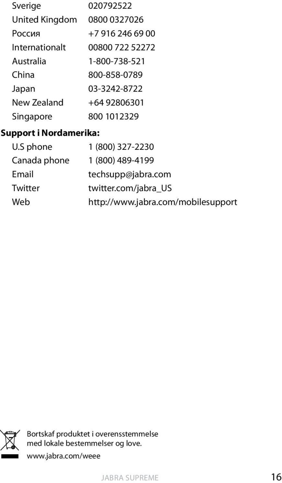 Nordamerika: U.S phone 1 (800) 327-2230 Canada phone 1 (800) 489-4199 Email techsupp@jabra.com Twitter twitter.