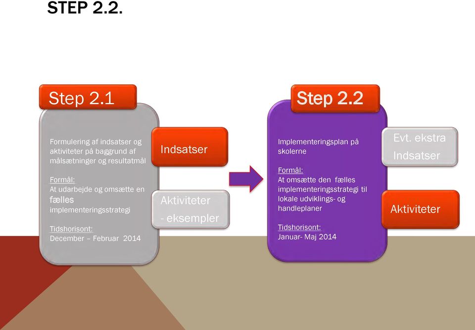 omsætte en fælles implementeringsstrategi Tidshorisont: December Februar 2014 Indsatser Aktiviteter -
