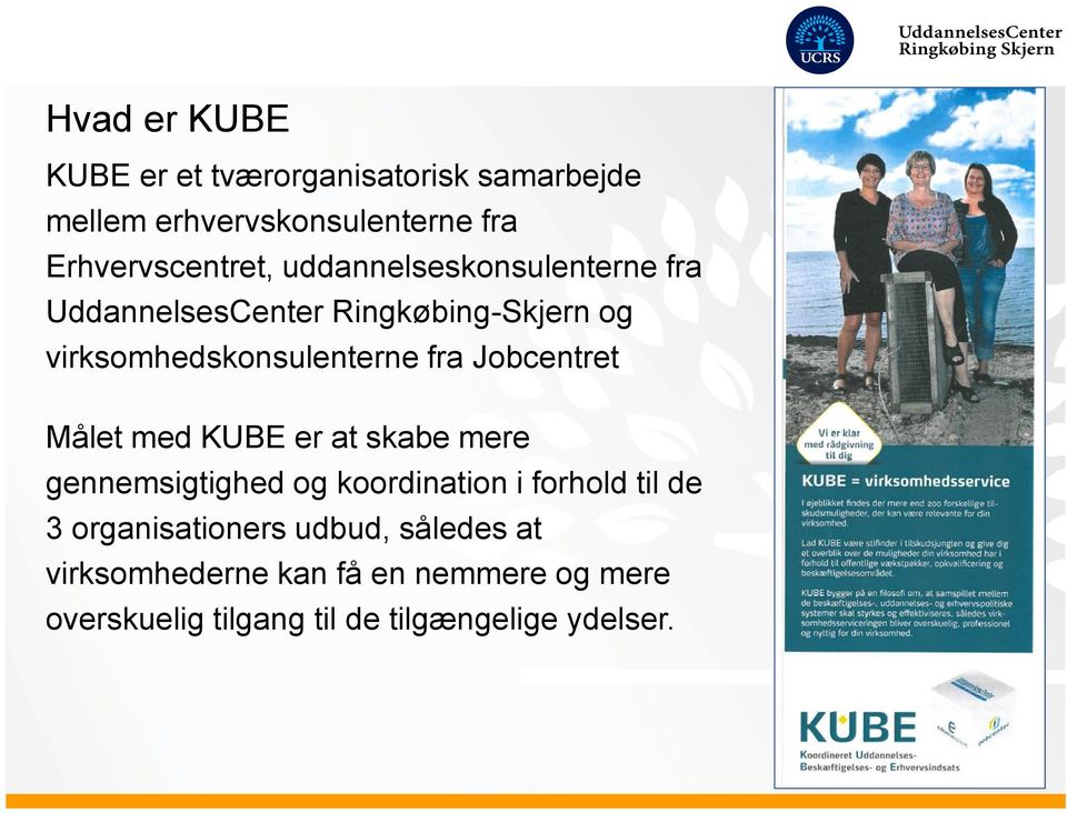 Jobcentret Målet med KUBE er at skabe mere gennemsigtighed og koordination i forhold til de 3