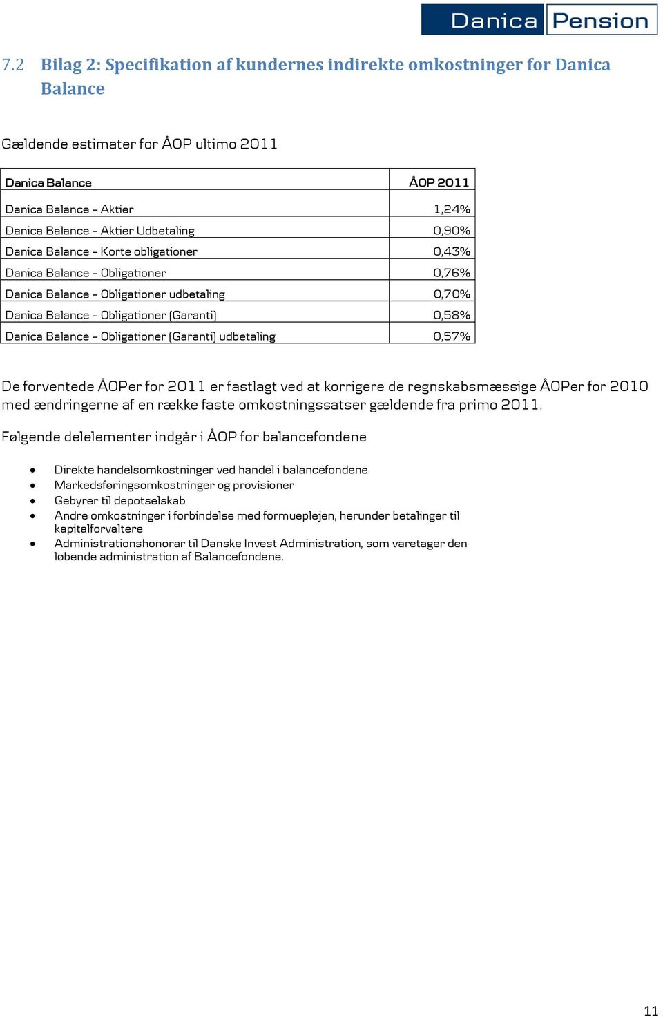 Obligationer (Garanti) udbetaling 0,57% De forventede ÅOPer for 2011 er fastlagt ved at korrigere de regnskabsmæssige ÅOPer for 2010 med ændringerne af en række faste omkostningssatser gældende fra