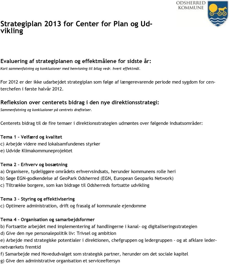 Refleksion over centerets bidrag i den nye direktionsstrategi: Sammenfatning og konklusioner på centrets drøftelser.