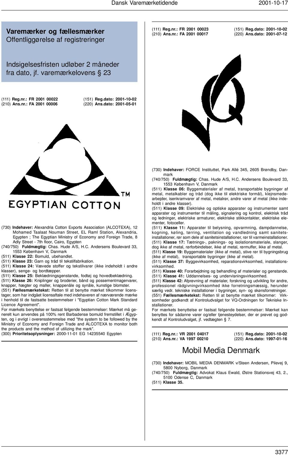 dato: 2001-05-01 (730) Indehaver: Alexandria Cotton Exports Association (ALCOTEXA), 12 Mohamed Taalaat Nouman Street, EL Raml Station, Alexandria, Egypten ; The Egyptian Ministry of Economy and