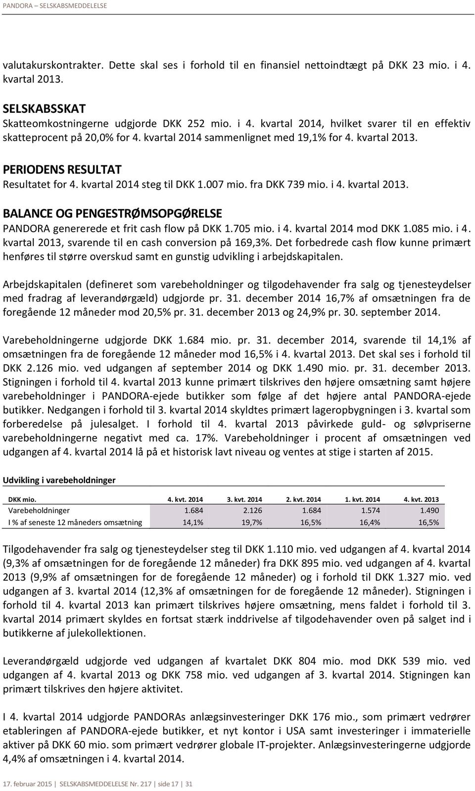 705 mio. i 4. kvartal mod DKK 1.085 mio. i 4. kvartal 2013, svarende til en cash conversion på 169,3%.
