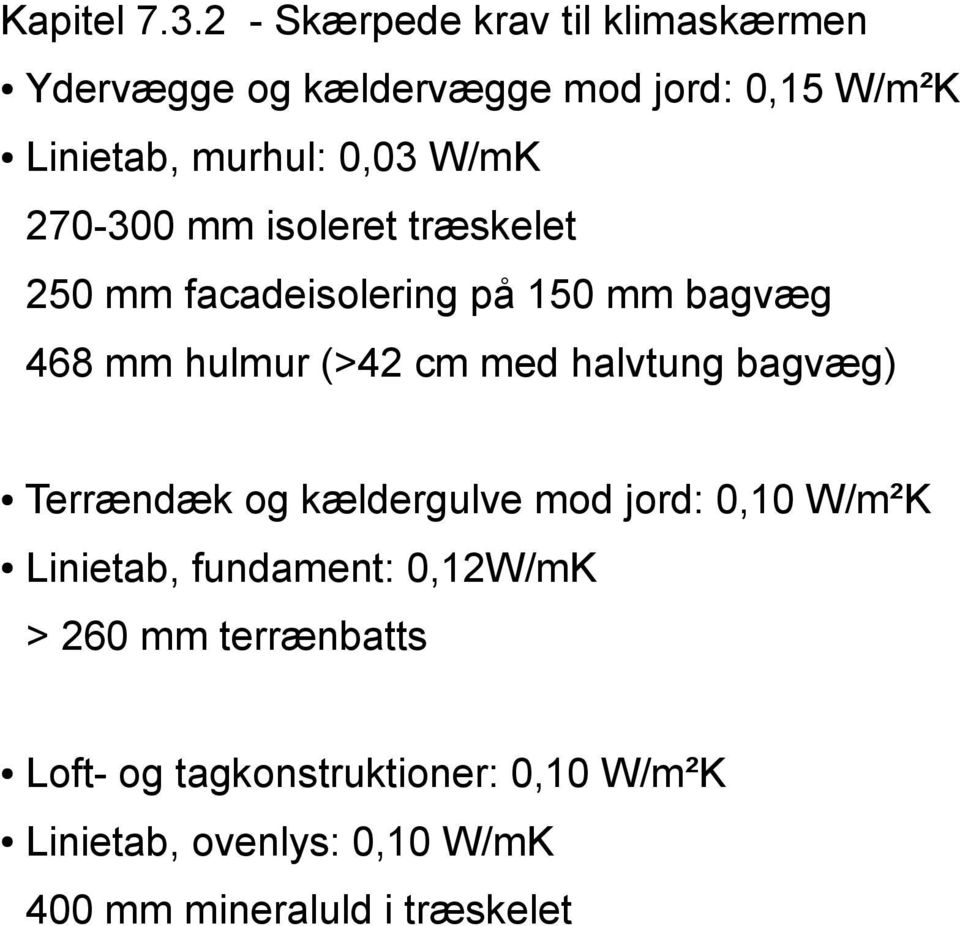 W/mK 270-300 mm isoleret træskelet 250 mm facadeisolering på 150 mm bagvæg 468 mm hulmur (>42 cm med