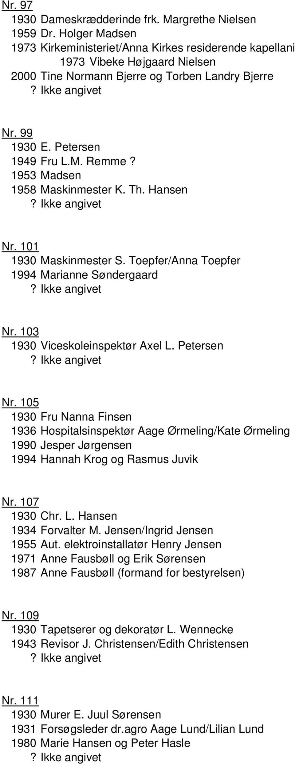 1953 Madsen 1958 Maskinmester K. Th. Hansen Nr. 101 1930 Maskinmester S. Toepfer/Anna Toepfer 1994 Marianne Søndergaard Nr. 103 1930 Viceskoleinspektør Axel L. Petersen Nr.
