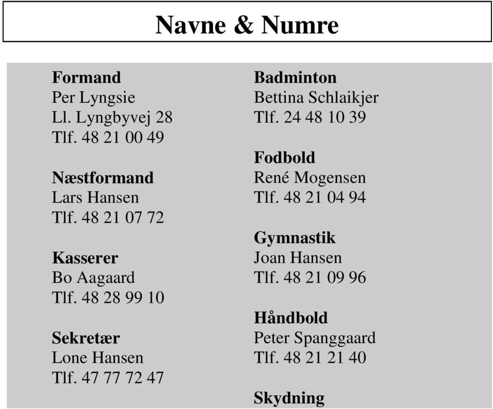 48 28 99 10 Sekretær Lone Hansen Tlf. 47 77 72 47 Badminton Bettina Schlaikjer Tlf.