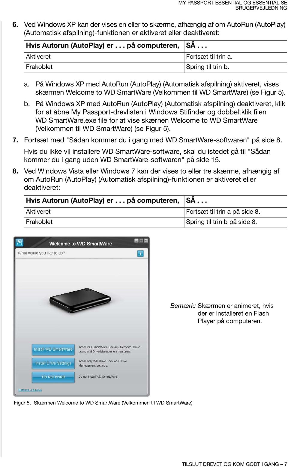 b. På Windows XP med AutoRun (AutoPlay) (Automatisk afspilning) deaktiveret, klik for at åbne My Passport-drevlisten i Windows Stifinder og dobbeltklik filen WD SmartWare.