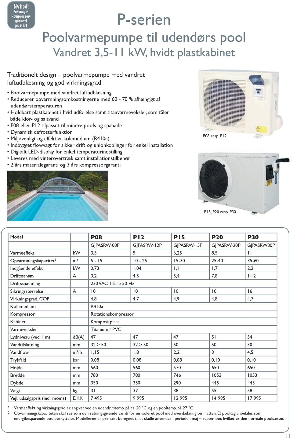 eller P12 tilpasset til mindre pools og spabade Dynamisk defrosterfunktion Miljøvenligt og effektivt kølemedium (R410a) Indbygget flowvagt for sikker drift og unionkoblinger for enkel installation