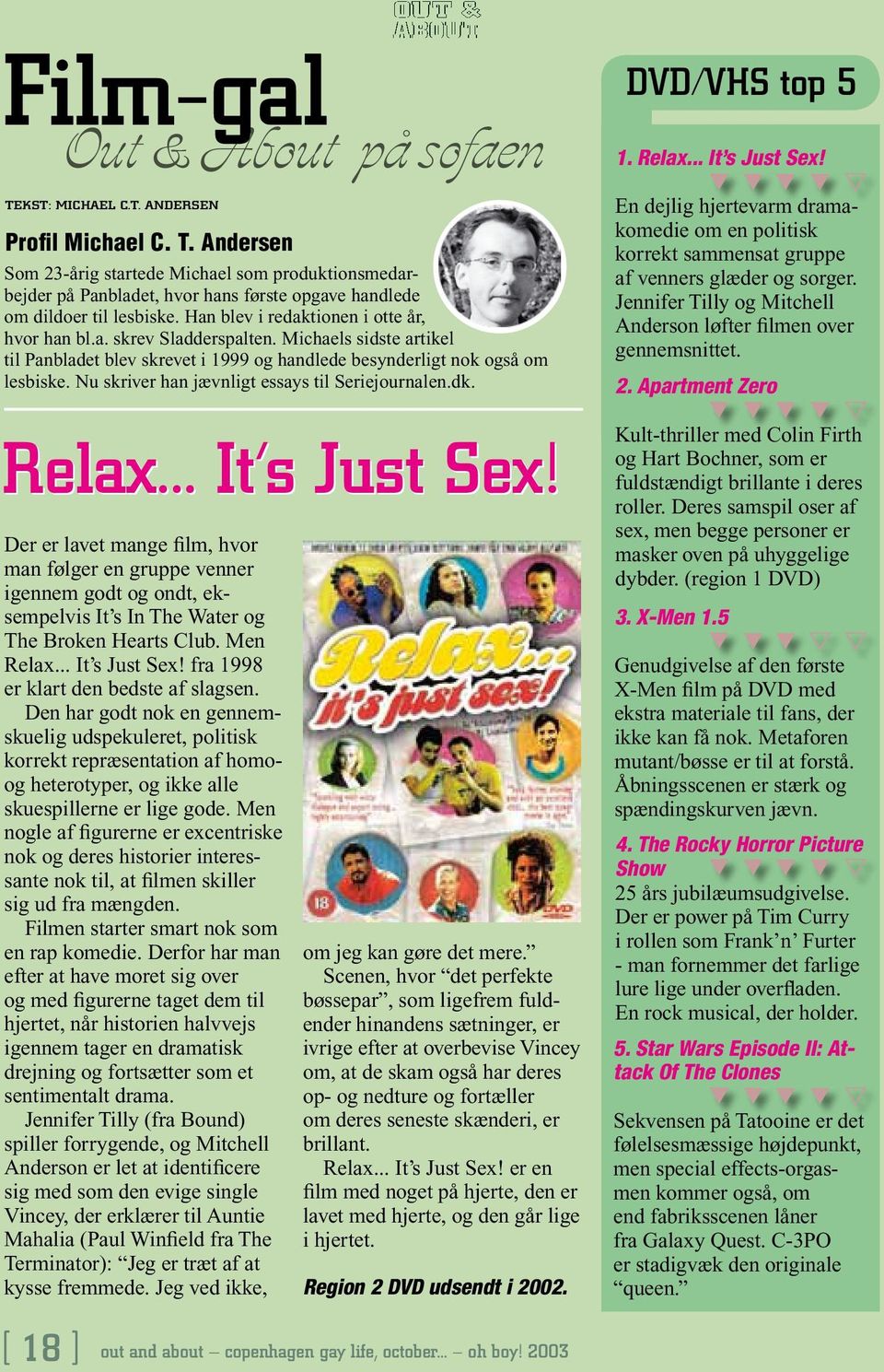 Michaels sidste artikel til Panbladet blev skrevet i 1999 og handlede besynderligt nok også om lesbiske. Nu skriver han jævnligt essays til Seriejournalen.dk. Relax... It s Just Sex!