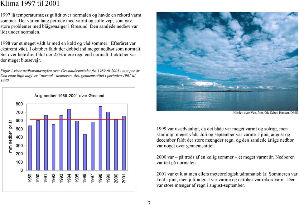 Set over hele året faldt der 25% mere regn end normalt. I oktober var der meget blæsevejr. Figur 1 viser nedbørsmængden over Øresundsområdet fra 1989 til 2001 i mm per år.