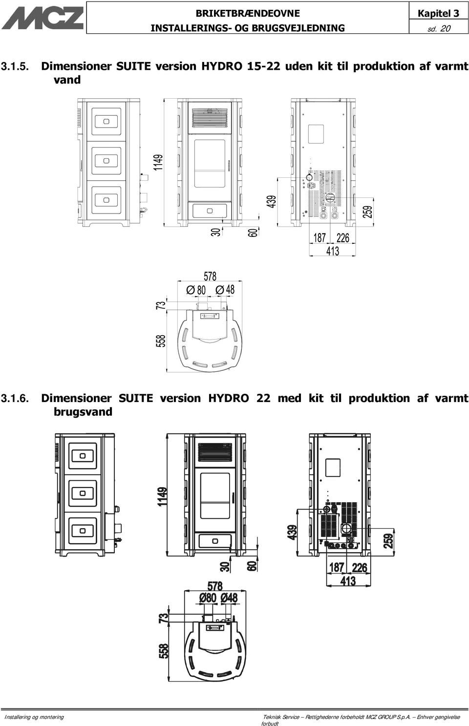 Dimensioner SUITE version HYDRO 15-22 uden kit til produktion af