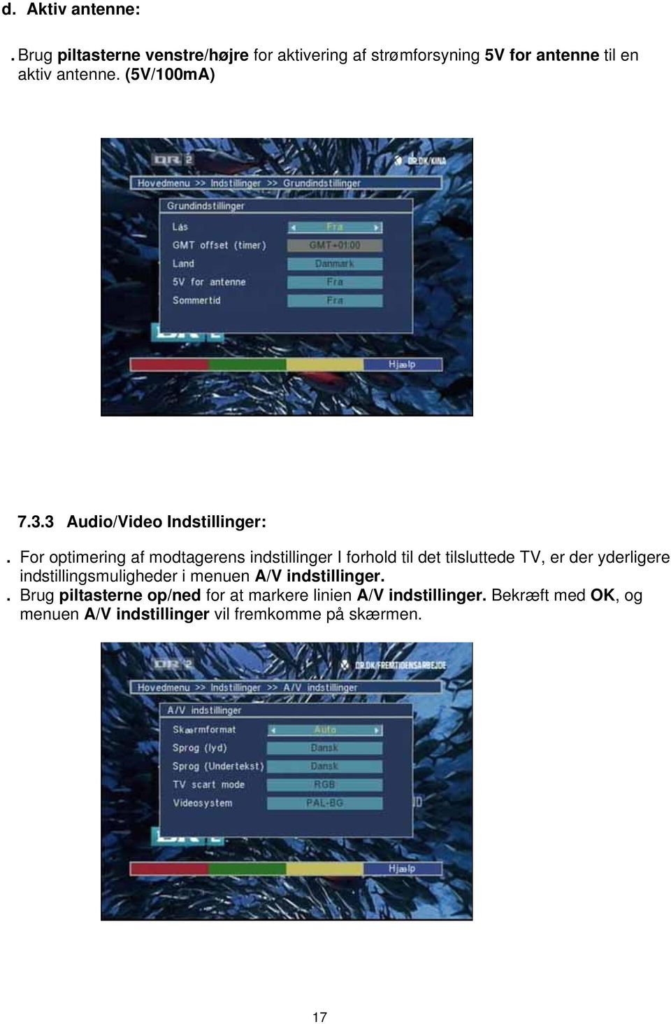 (5V/100mA) 7.3.3 Audio/Video Indstillinger:.