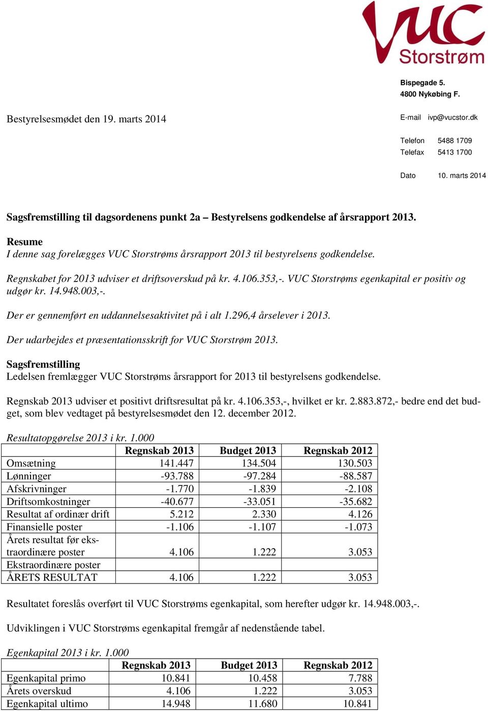 Regnskabet for 2013 udviser et driftsoverskud på kr. 4.106.353,-. VUC Storstrøms egenkapital er positiv og udgør kr. 14.948.003,-. Der er gennemført en uddannelsesaktivitet på i alt 1.
