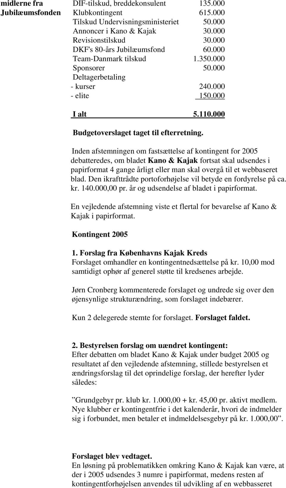 Inden afstemningen om fastsættelse af kontingent for 2005 debatteredes, om bladet Kano & Kajak fortsat skal udsendes i papirformat 4 gange årligt eller man skal overgå til et webbaseret blad.