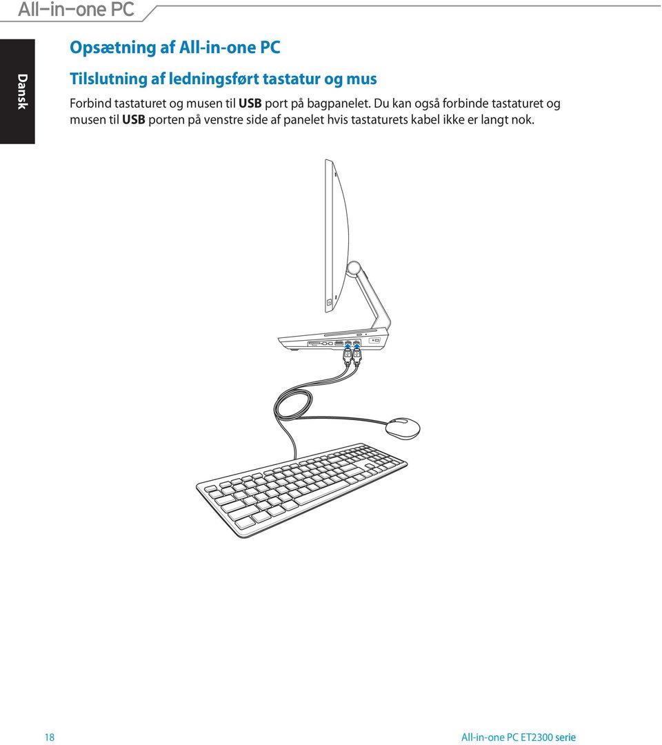 Du kan også forbinde tastaturet og musen til USB porten på venstre