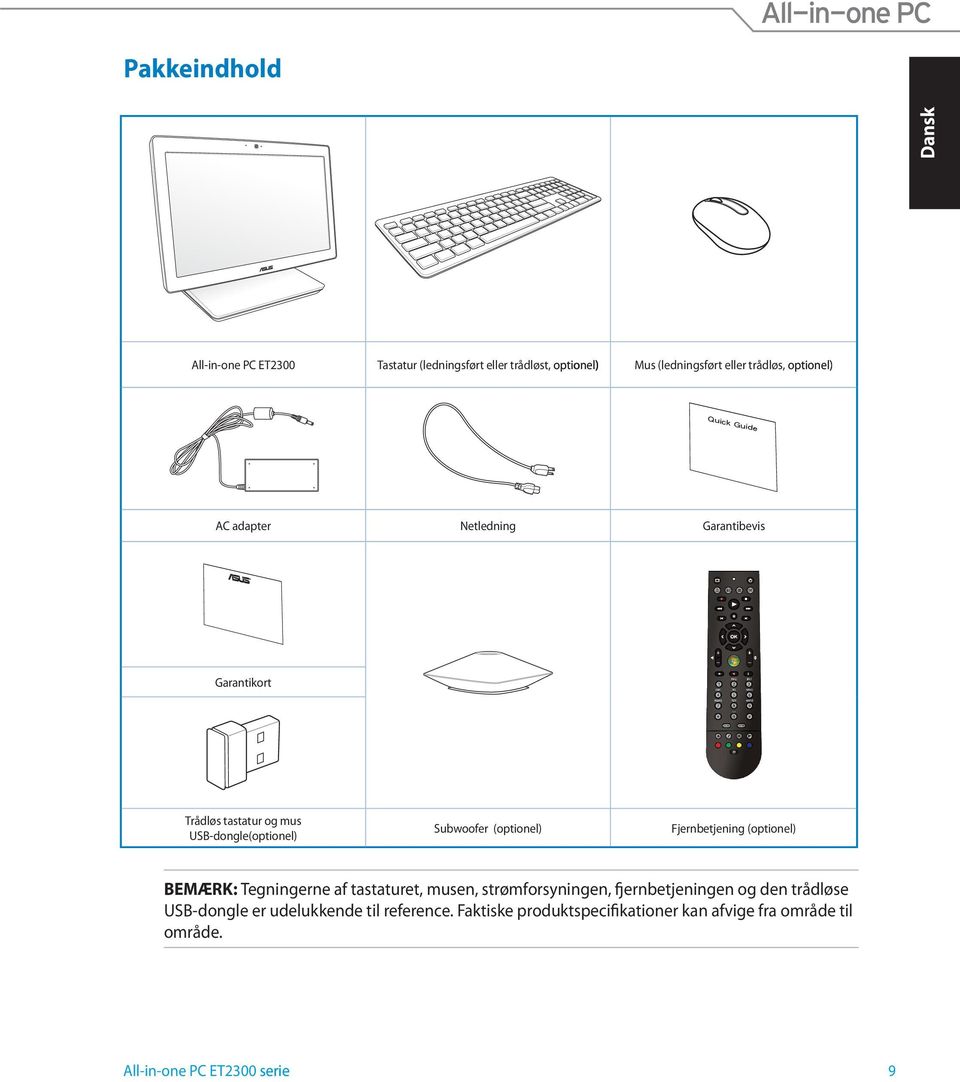 (optionel) Fjernbetjening (optionel) BEMÆRK: Tegningerne af tastaturet, musen, strømforsyningen, fjernbetjeningen og den