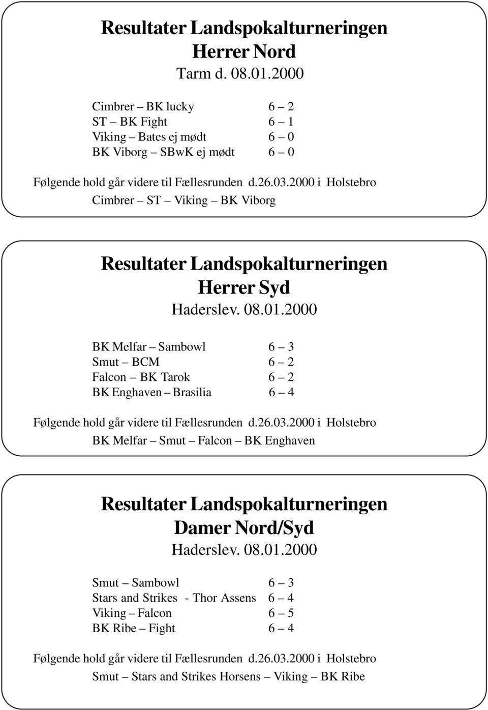 2000 i Holstebro Cimbrer ST Viking BK Viborg Resultater Landspokalturneringen Herrer Syd Haderslev. 08.01.
