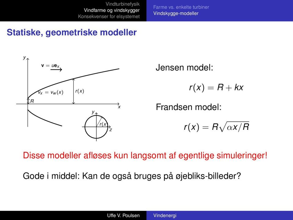 ue x Jensen model: v x = v w (x) r(x) r(x) = R + kx R y x Frandsen model: