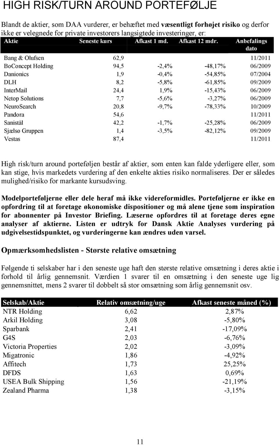 Anbefalings dato Bang & Olufsen 62,9 11/2011 BoConcept Holding 94,5 2,4% 48,17% 06/2009 Danionics 1,9 0,4% 54,85% 07/2004 DLH 8,2 5,8% 61,85% 09/2009 InterMail 24,4 1,9% 15,43% 06/2009 Netop