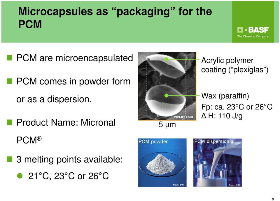 Product Name: Micronal PCM 3 melting points available: 21 C, 23 C or