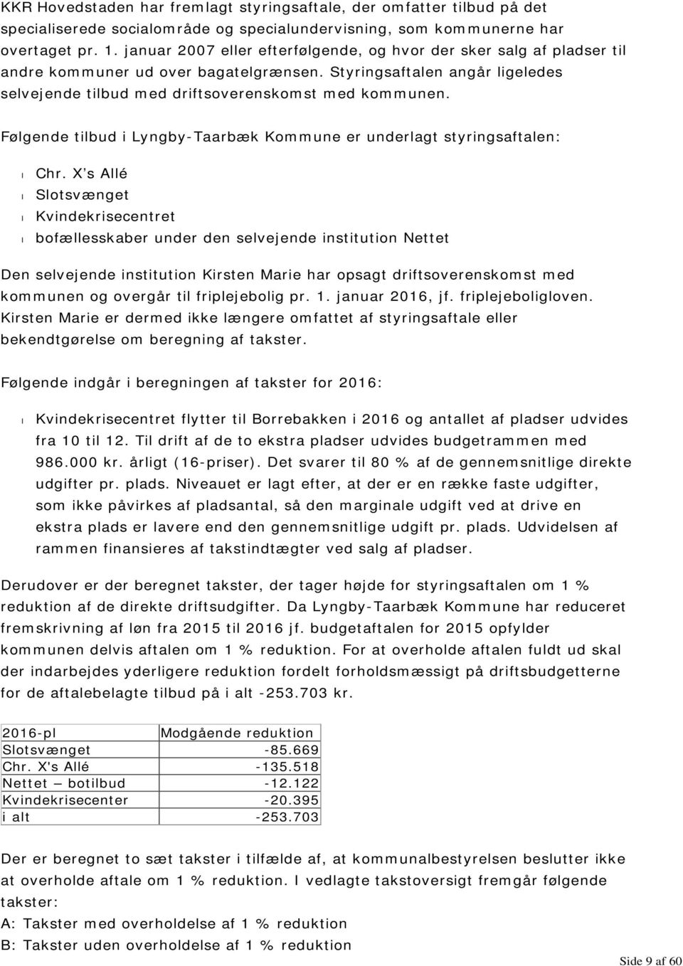 Følgende tilbud i Lyngby-Taarbæk Kommune er underlagt styringsaftalen: Chr.
