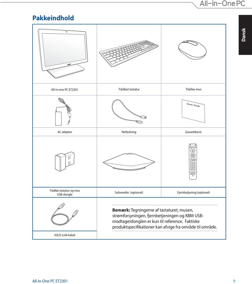 Fjernbetjening (optionel) Bemærk: Tegningerne af tastaturet, musen, strømforsyningen, fjernbetjeningen og KBM