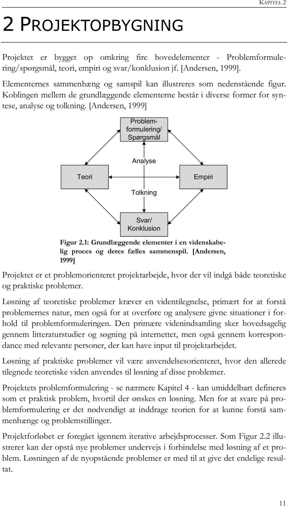 [Andersen, 1999] Problemformulering/ Spørgsmål Analyse Teori Empiri Tolkning Svar/ Konklusion Figur 2.1: Grundlæggende elementer i en videnskabelig proces og deres fælles sammenspil.