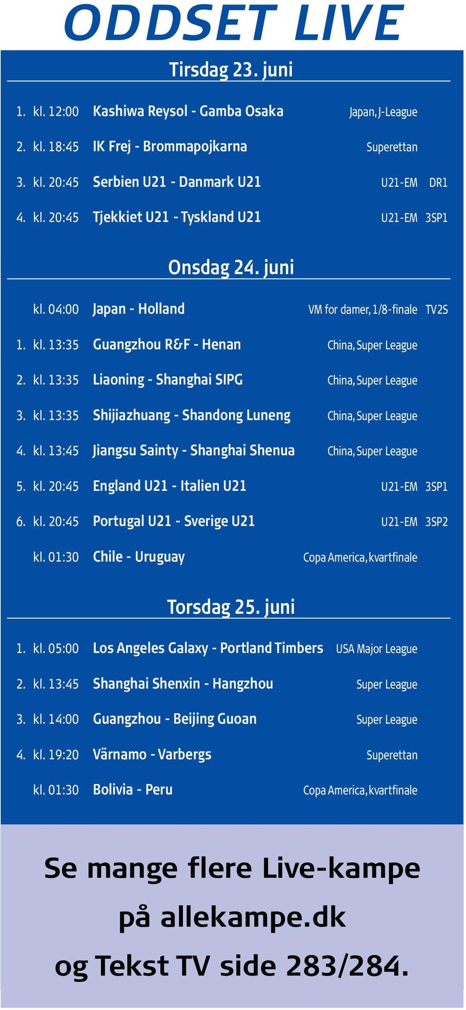 kl. 13:45 Jiangsu Sainty Shanghai Shenua China, Super League 5. kl. 20:45 England U21 Italien U21 U21EM 3SP1 6. kl. 20:45 Portugal U21 Sverige U21 U21EM 3SP2 kl.