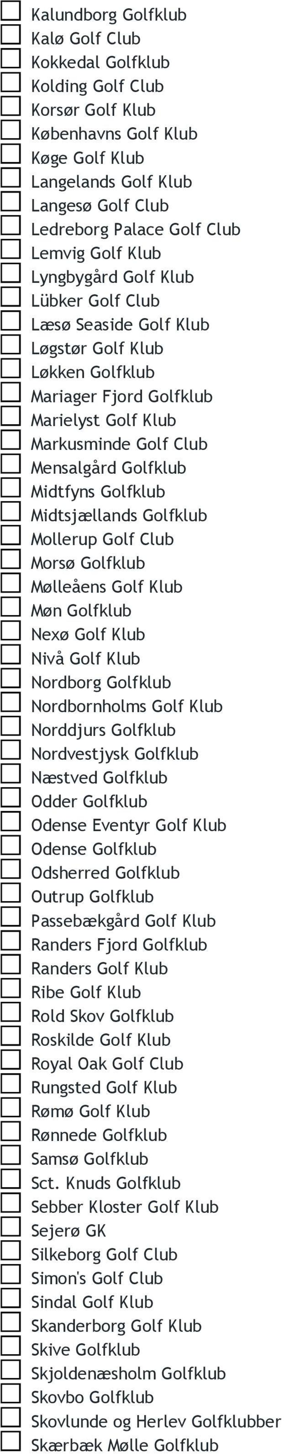 Golfklub Midtsjællands Golfklub Mollerup Golf Club Morsø Golfklub Mølleåens Golf Klub Møn Golfklub Nexø Golf Klub Nivå Golf Klub Nordborg Golfklub Nordbornholms Golf Klub Norddjurs Golfklub