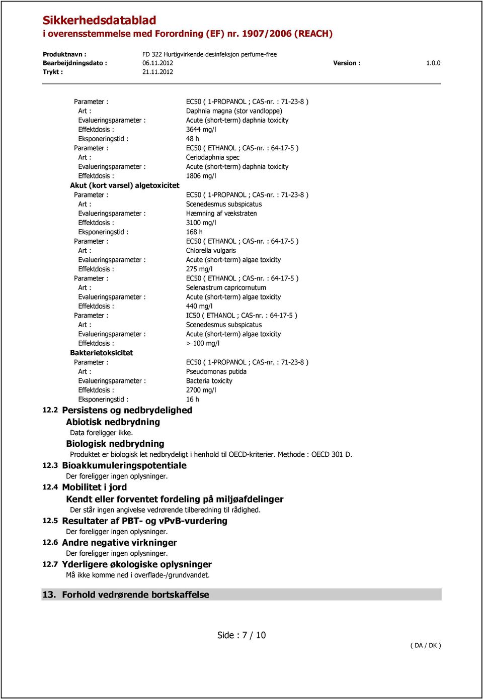 : 71-23-8 ) Scenedesmus subspicatus Hæmning af vækstraten 3100 mg/l Eksponeringstid : 168 h Parameter : EC50 ( ETHANOL ; CAS-nr.