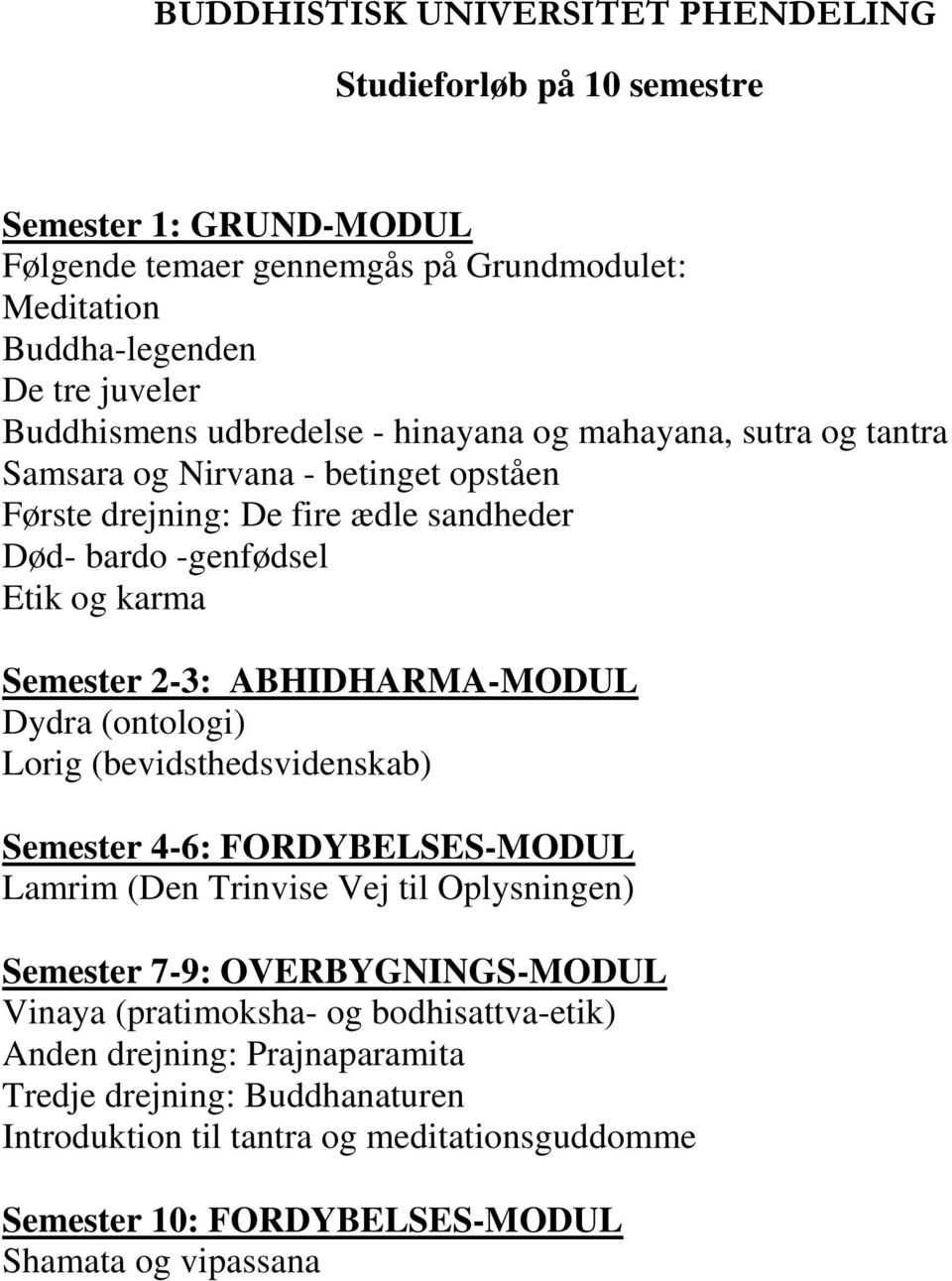 ABHIDHARMA-MODUL Dydra (ontologi) Lorig (bevidsthedsvidenskab) Semester 4-6: FORDYBELSES-MODUL Lamrim (Den Trinvise Vej til Oplysningen) Semester 7-9: OVERBYGNINGS-MODUL Vinaya