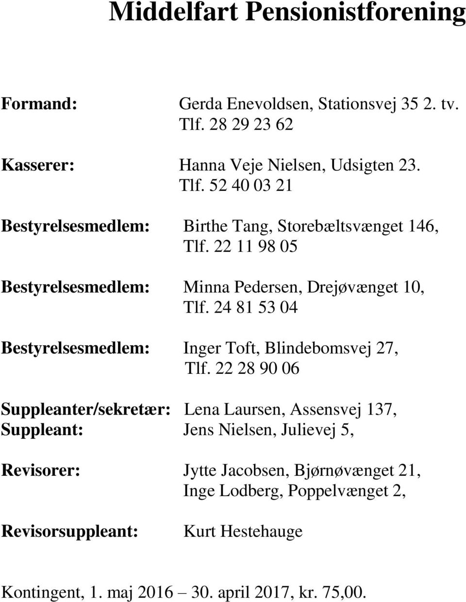 22 11 98 05 Bestyrelsesmedlem: Minna Pedersen, Drejøvænget 10, Tlf. 24 81 53 04 Bestyrelsesmedlem: Inger Toft, Blindebomsvej 27, Tlf.